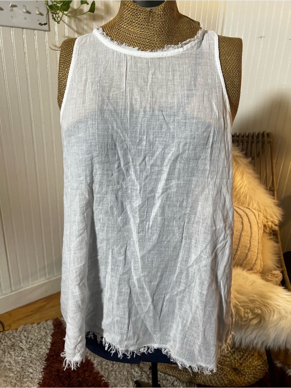 White Frayed Edge AerieLinen-Blend Tank Top
